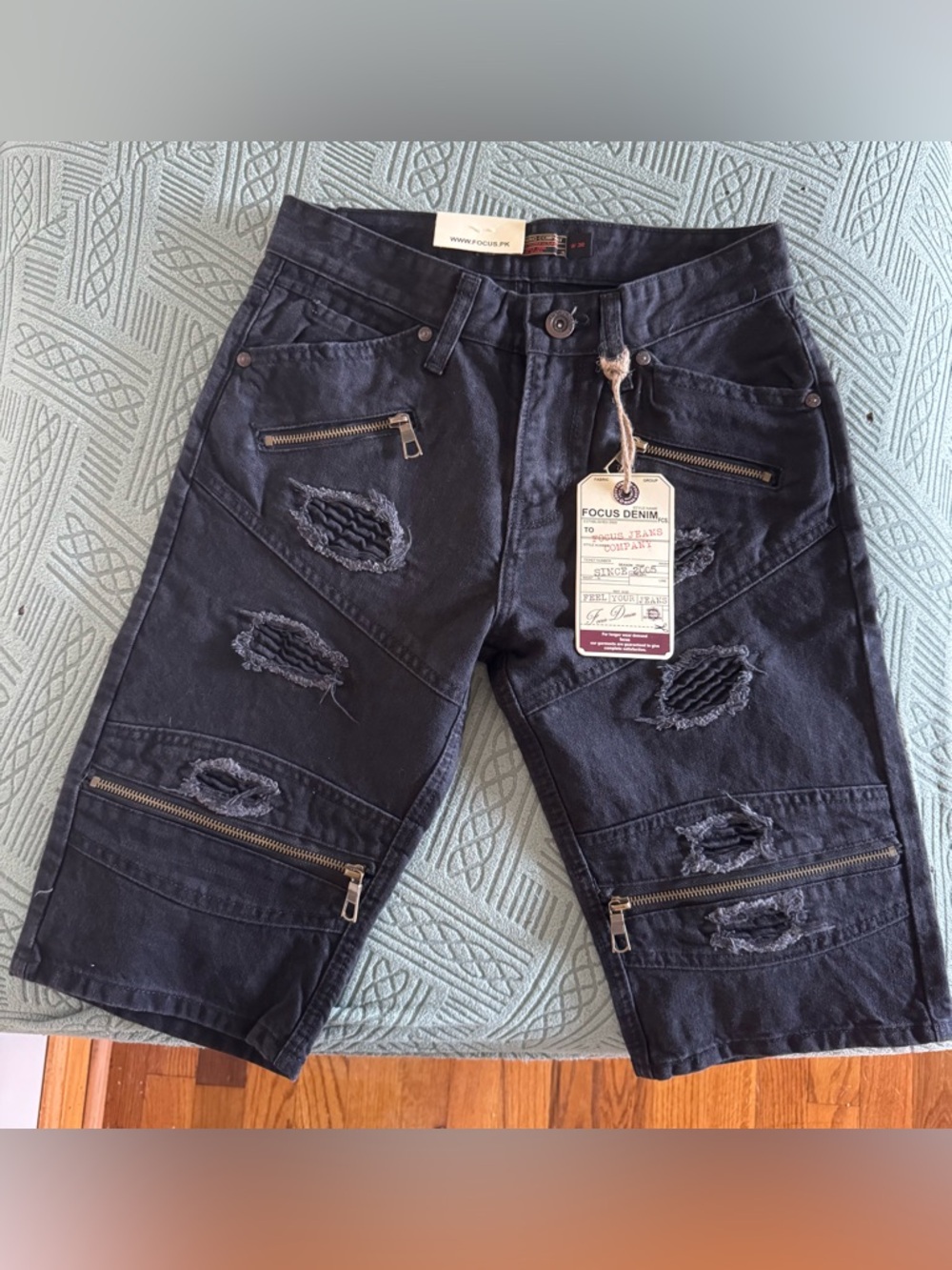 FOCUS DENIM Distressed Black Denim Shorts with Zippers